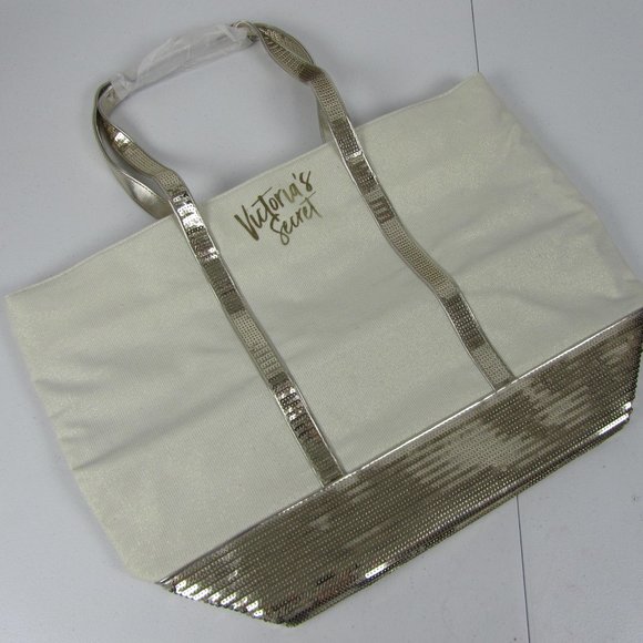 Victoria's Secret Handbags - Victoria Secret Tote Large Top Zip Ivory Sequins